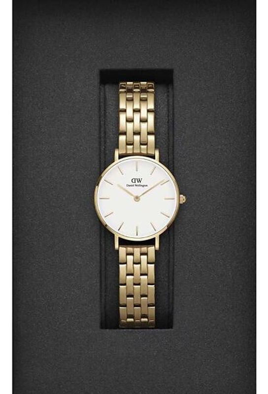 DW Petite Ipgold 5 lenkers 28 mm gull med hvit urskive